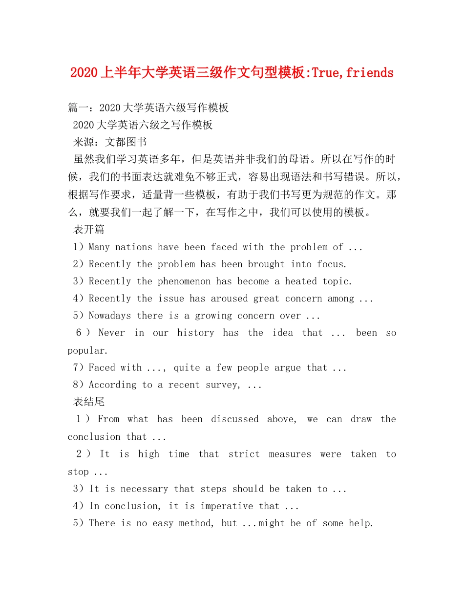 2024上半年大学英语三级作文句型模板-True,friends _第1页