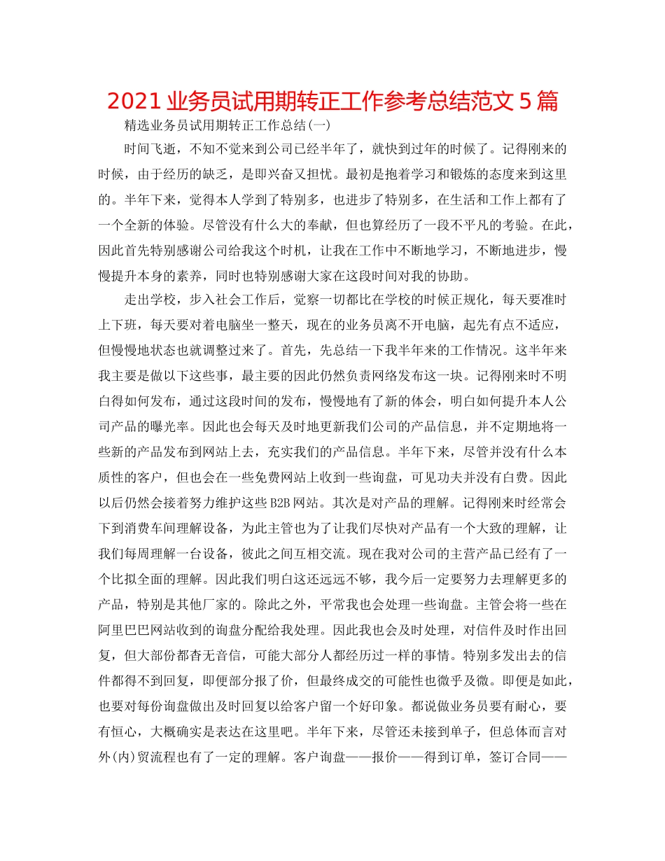 2024业务员试用期转正工作参考总结范文5篇 _第1页