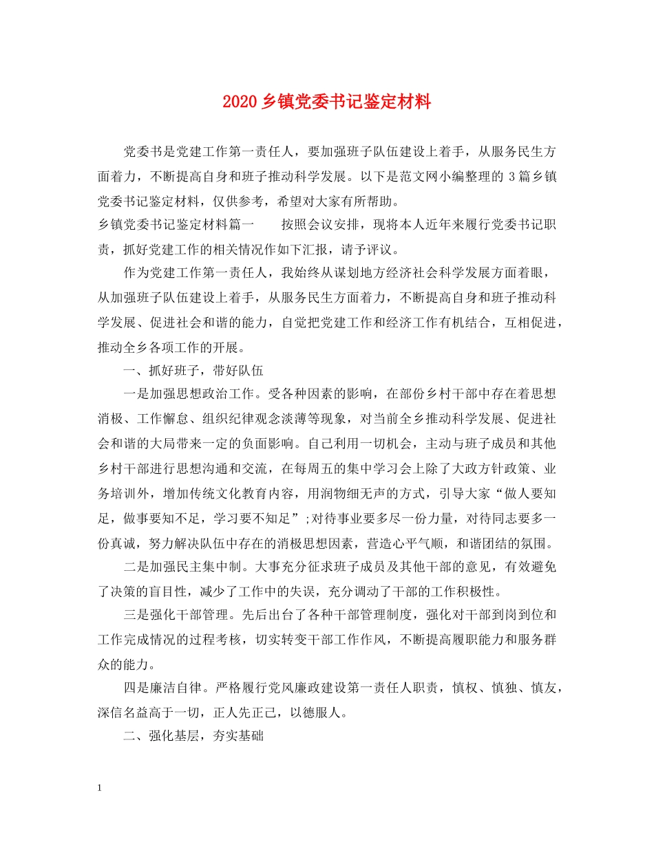 2024乡镇党委书记鉴定材料 _第1页