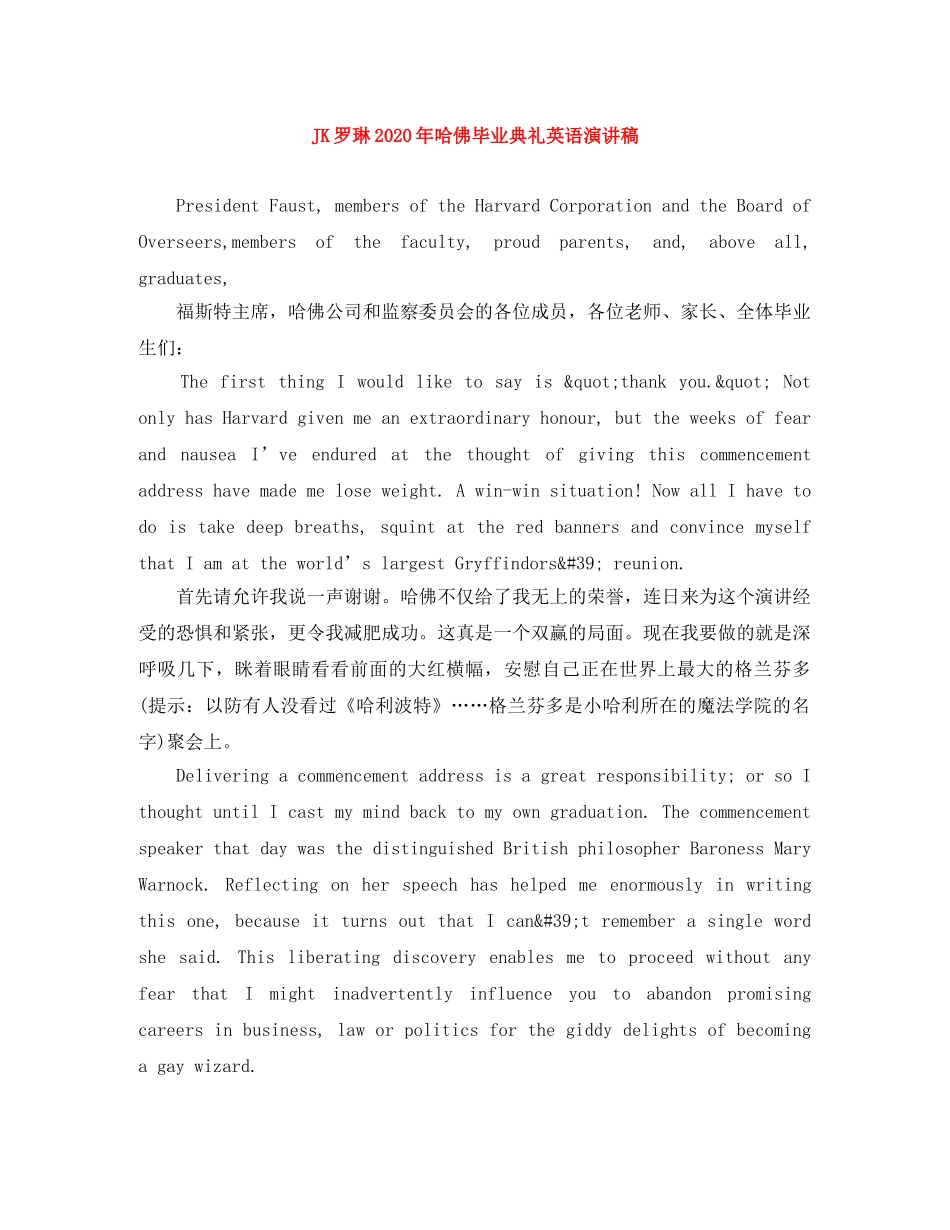 JK罗琳2024年哈佛毕业典礼英语演讲稿 _第1页