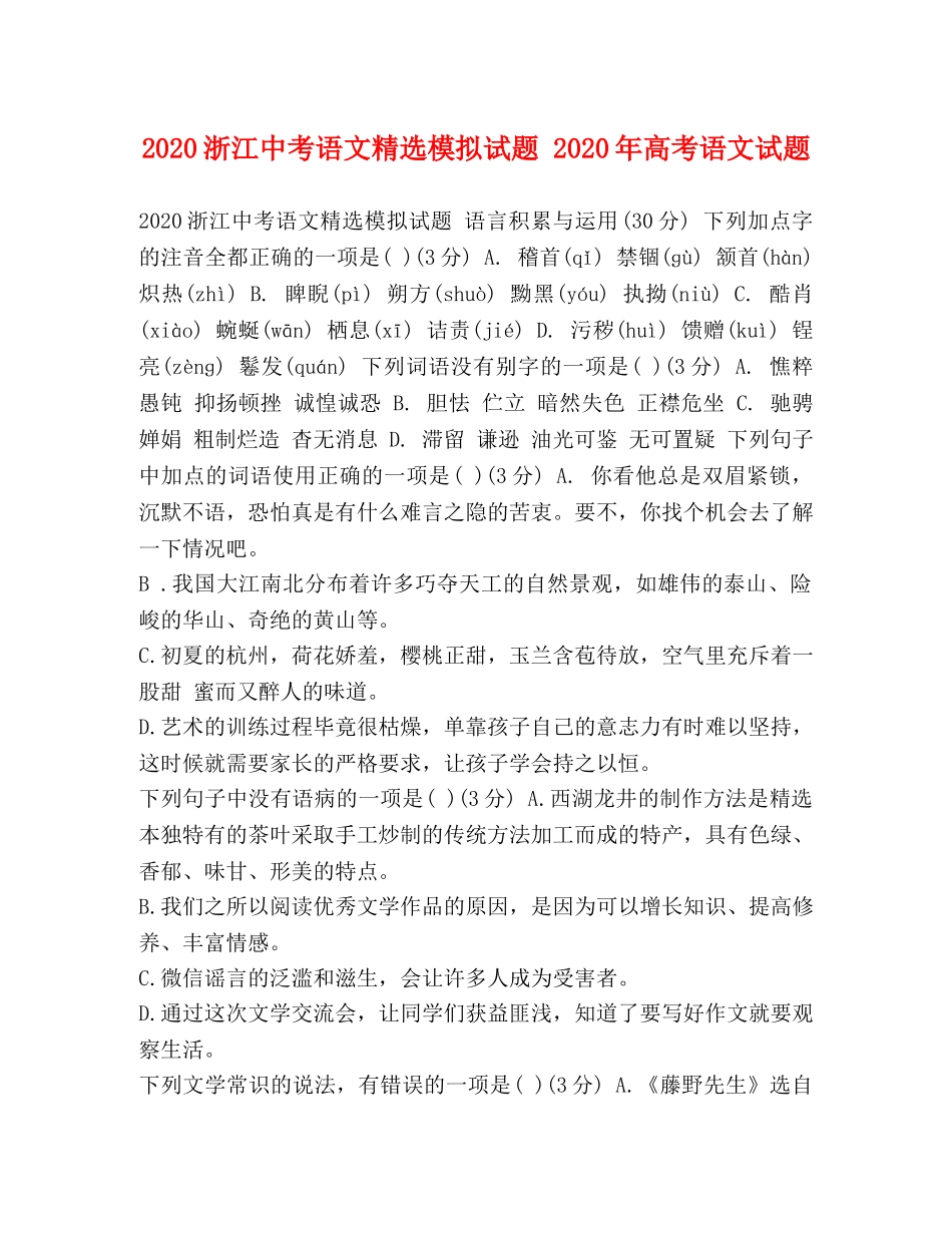 2024浙江中考语文精选模拟试题 2024年高考语文试题 _第1页
