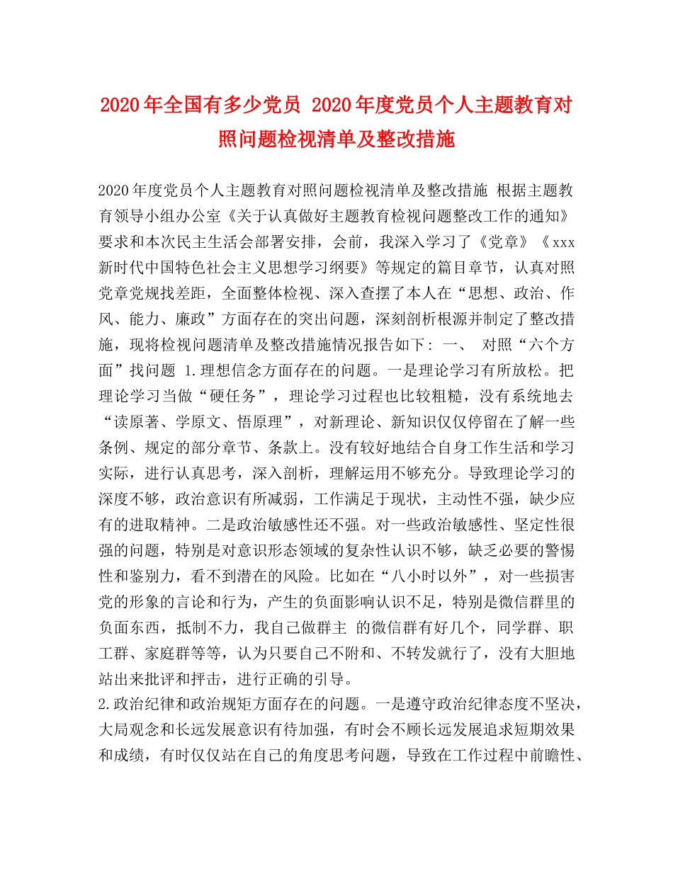 2024年全国有多少党员 2024年度党员个人主题教育对照问题检视清单及整改措施 _第1页