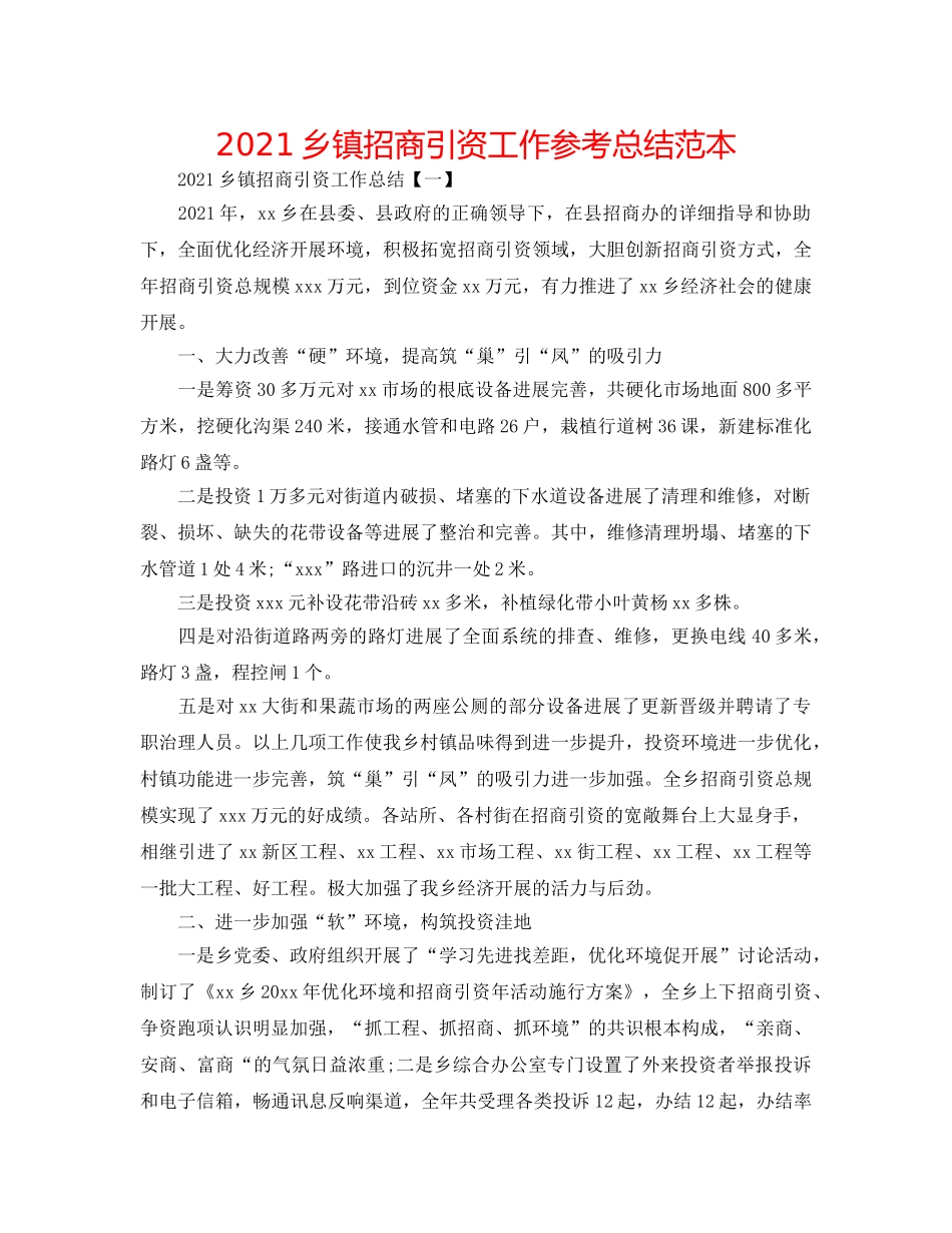 2024乡镇招商引资工作参考总结范本 _第1页