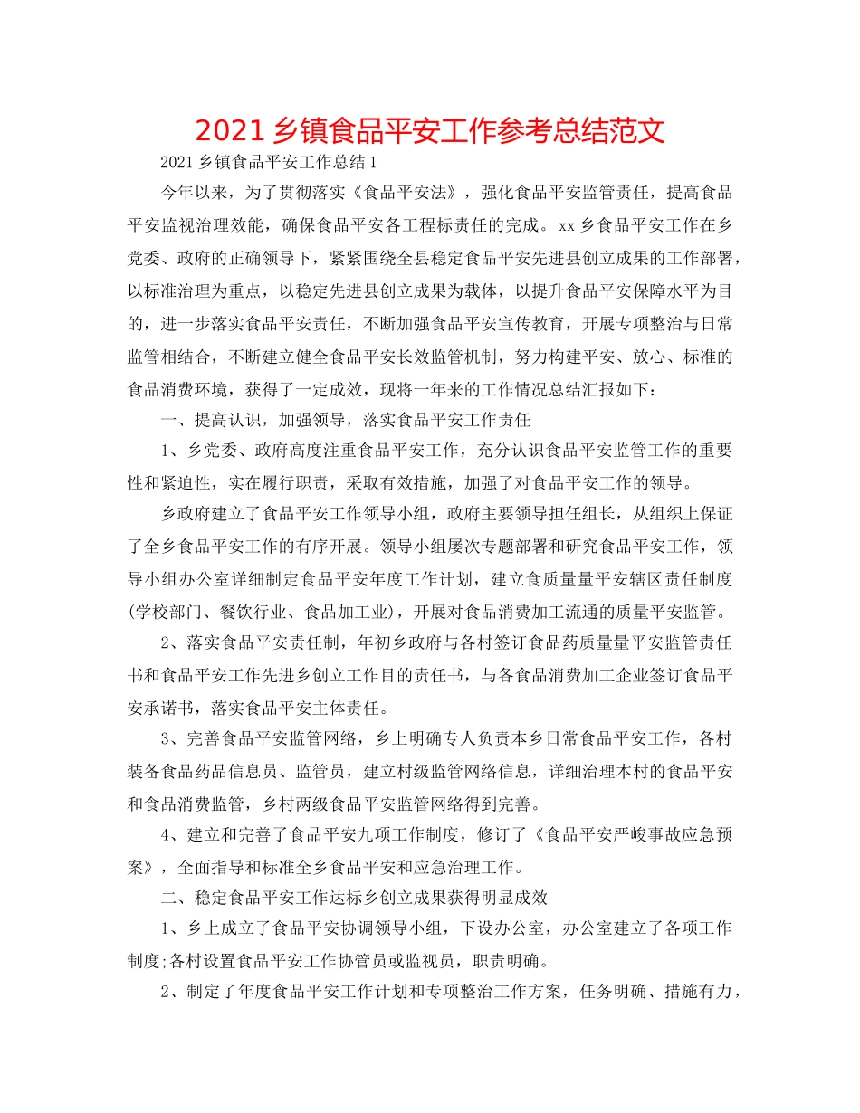 2024乡镇食品安全工作参考总结范文 _第1页