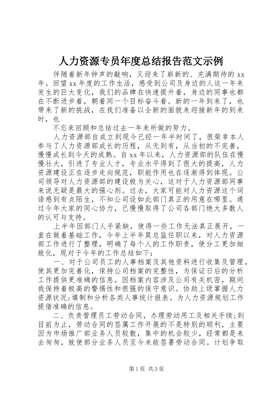 人力资源专员年度总结报告范文示例_第1页