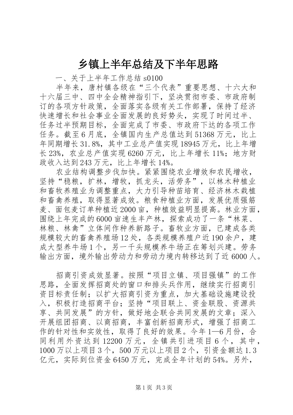 乡镇上半年总结及下半年思路_第1页