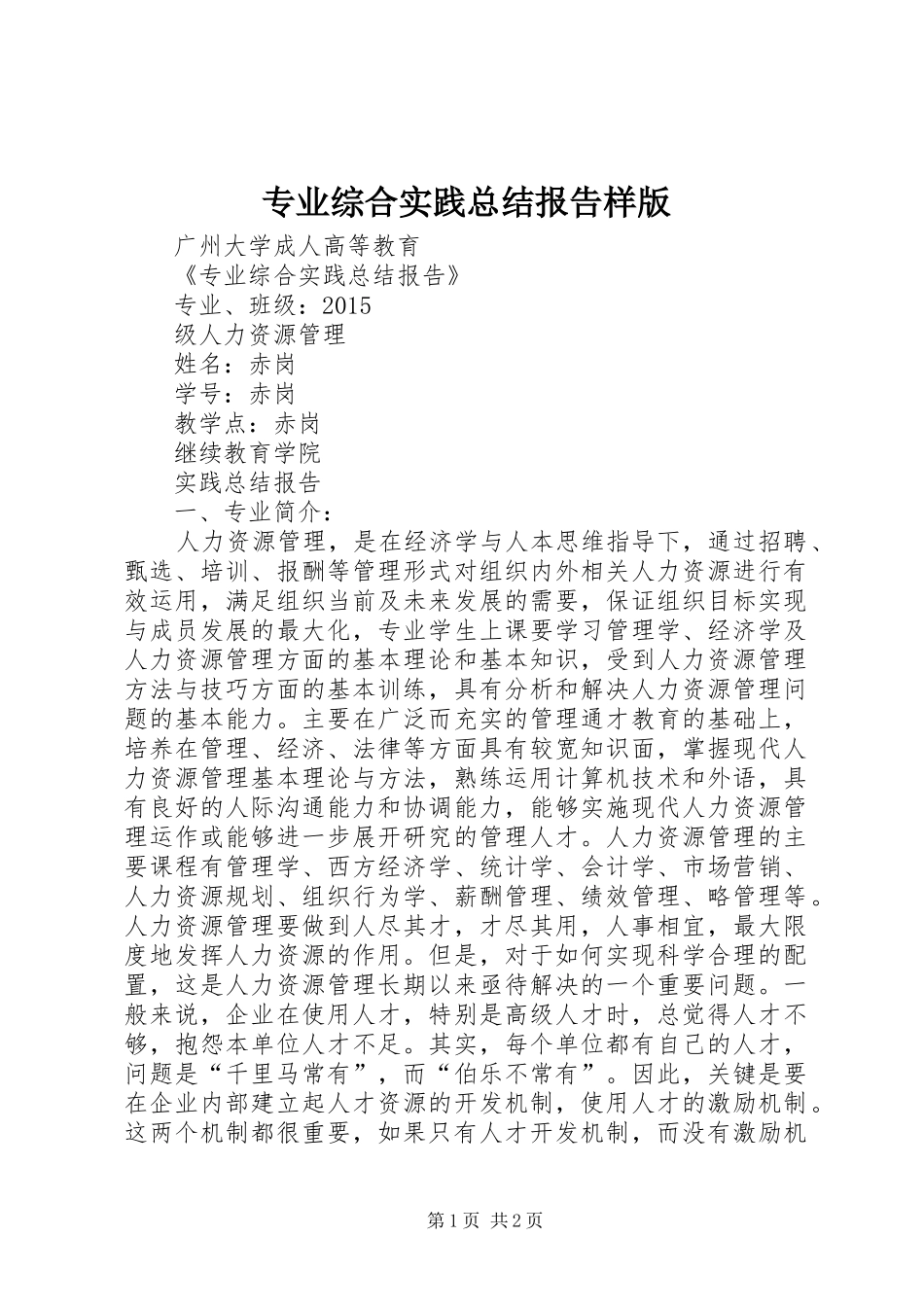 专业综合实践总结报告样版_第1页