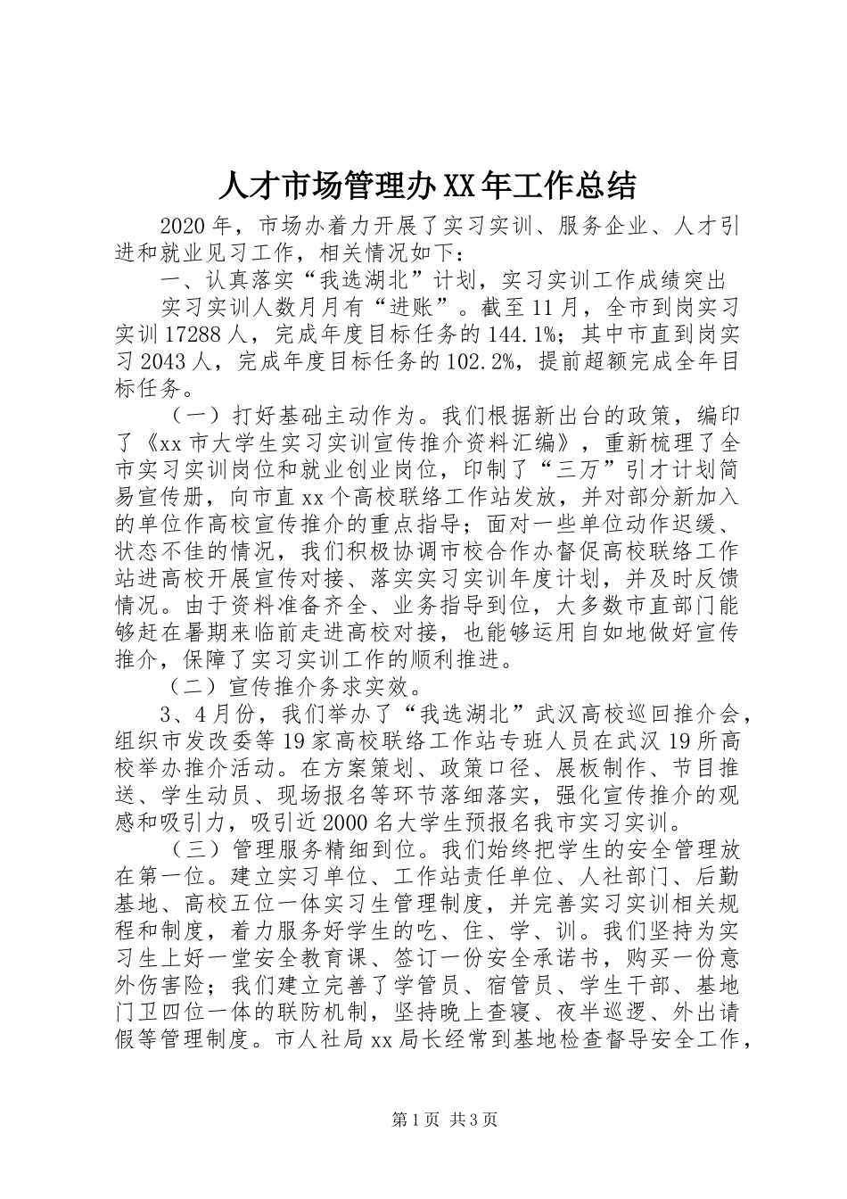人才市场管理办XX年工作总结_第1页