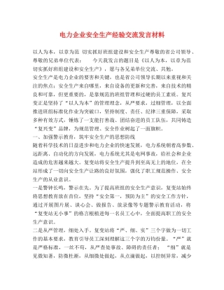 电力企业安全生产经验交流发言材料 