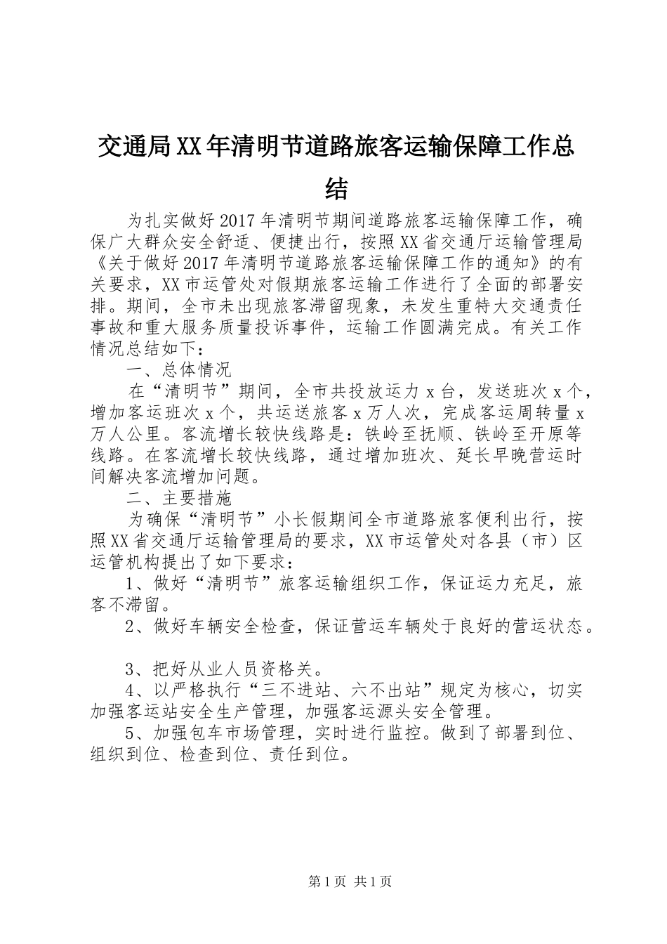 交通局XX年清明节道路旅客运输保障工作总结_第1页