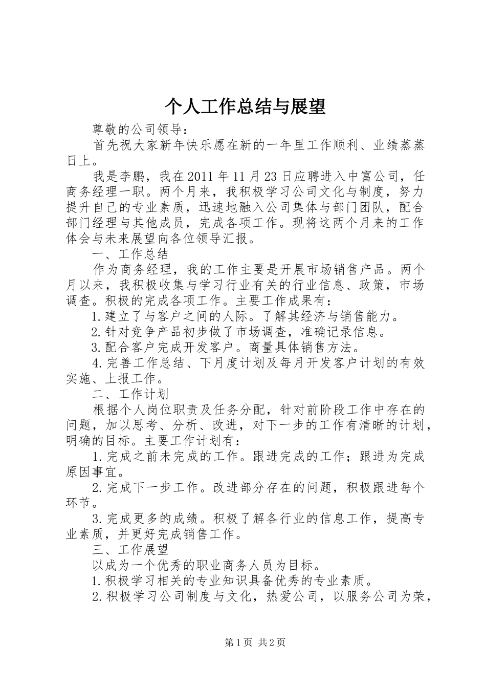 个人工作总结与展望_第1页