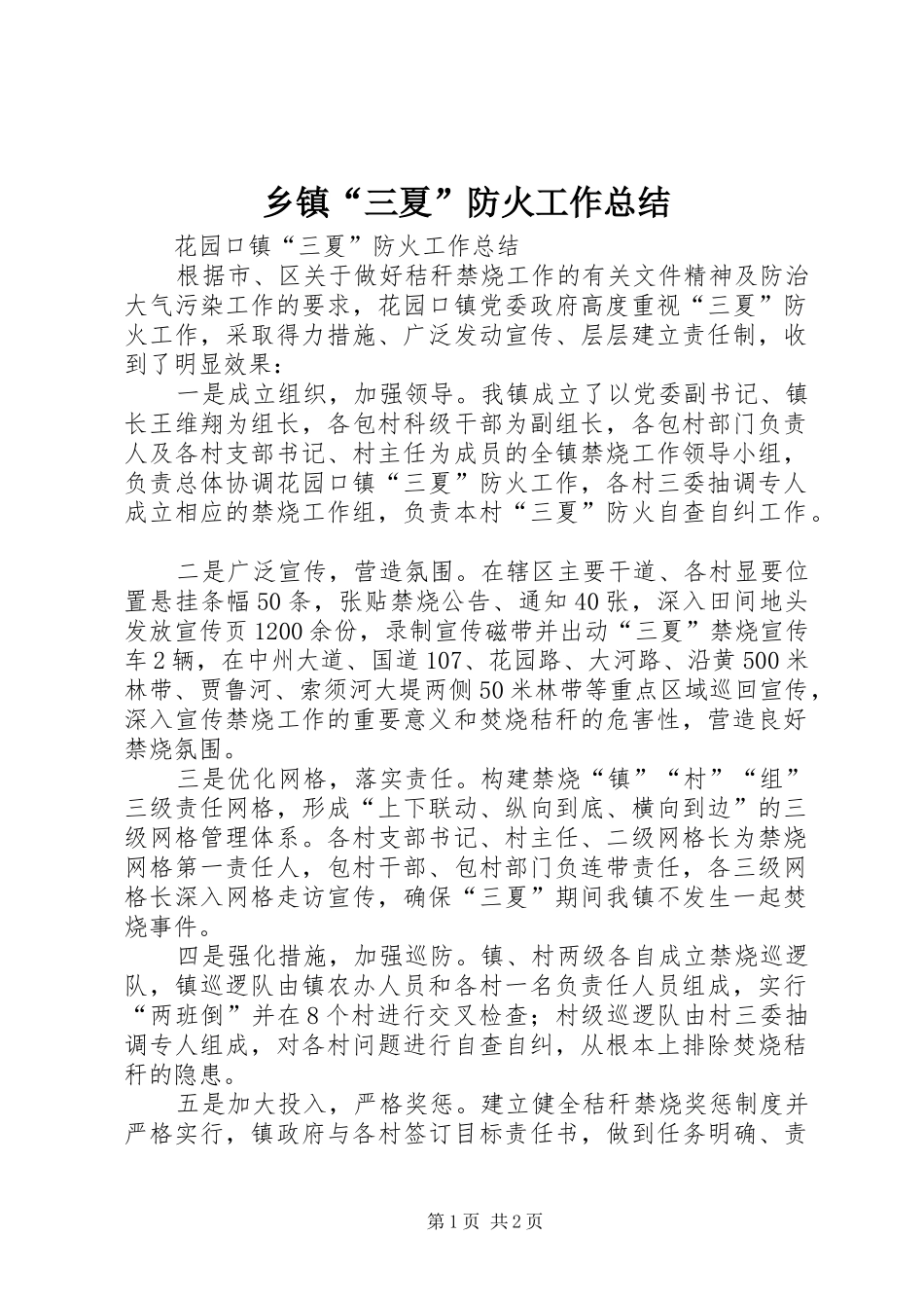 乡镇“三夏”防火工作总结_第1页