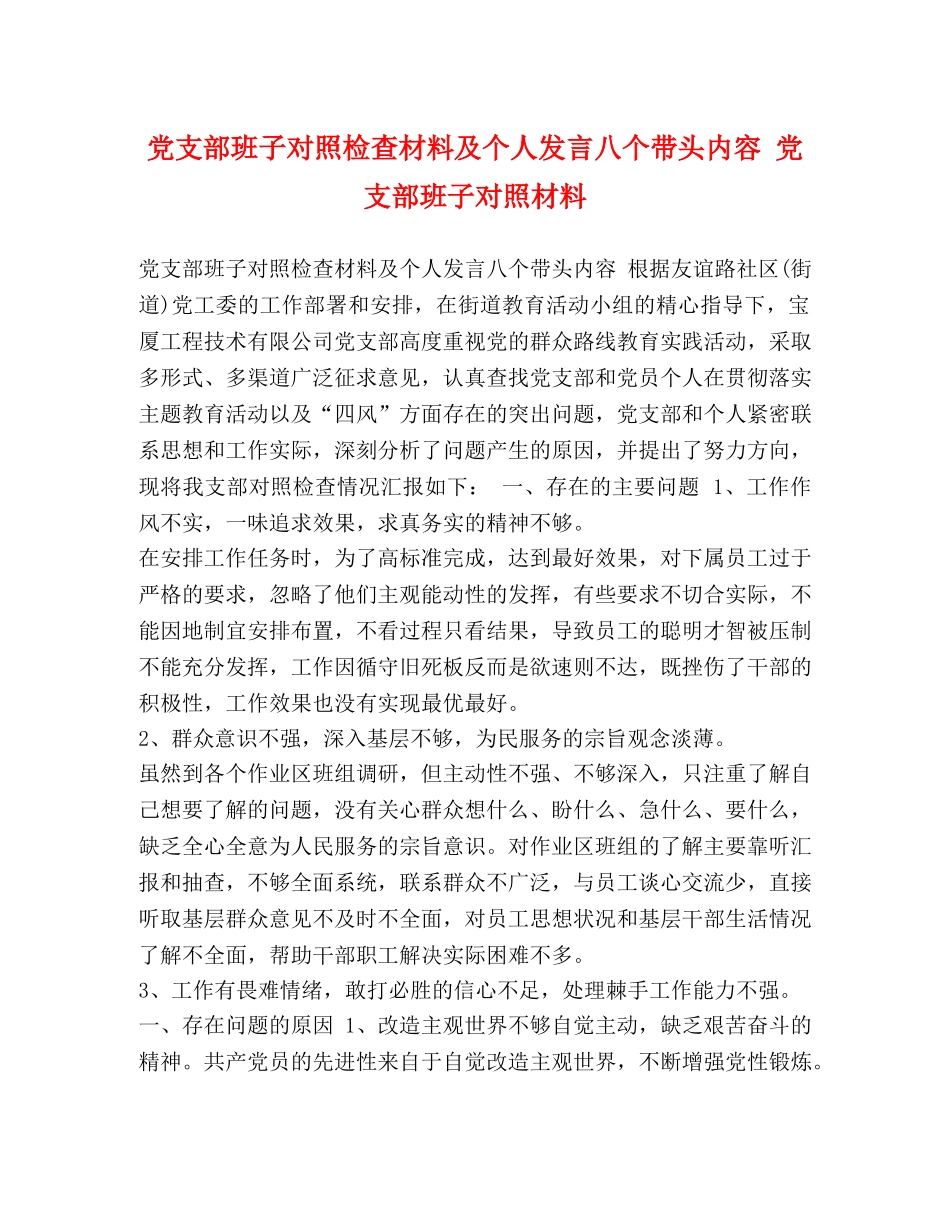 党支部班子对照检查材料及个人发言八个带头内容 党支部班子对照材料 _第1页