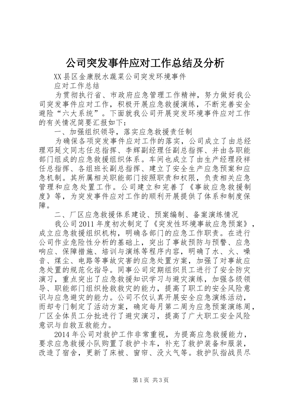 公司突发事件应对工作总结及分析_第1页