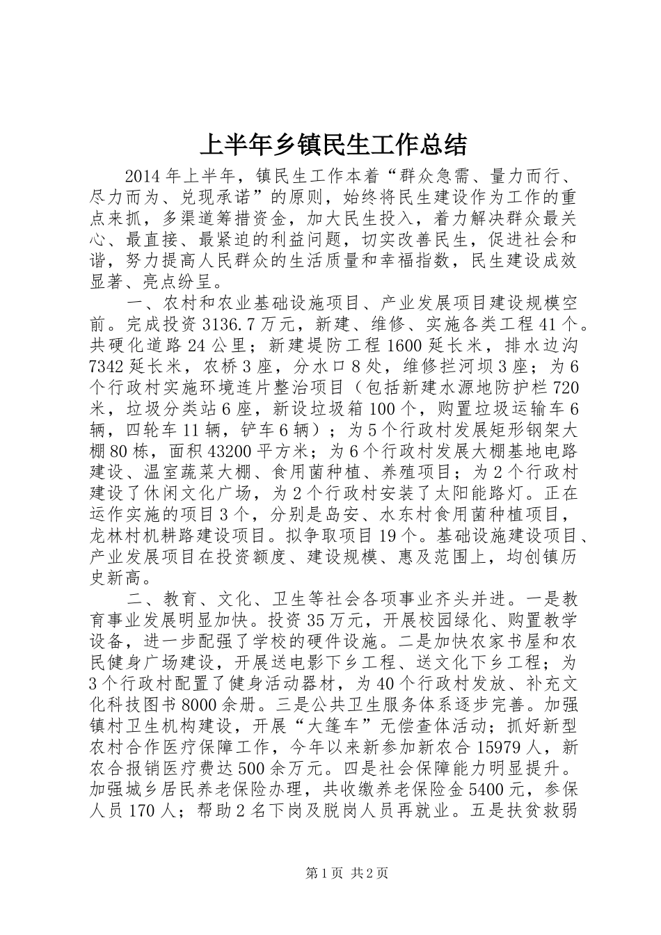 上半年乡镇民生工作总结_第1页