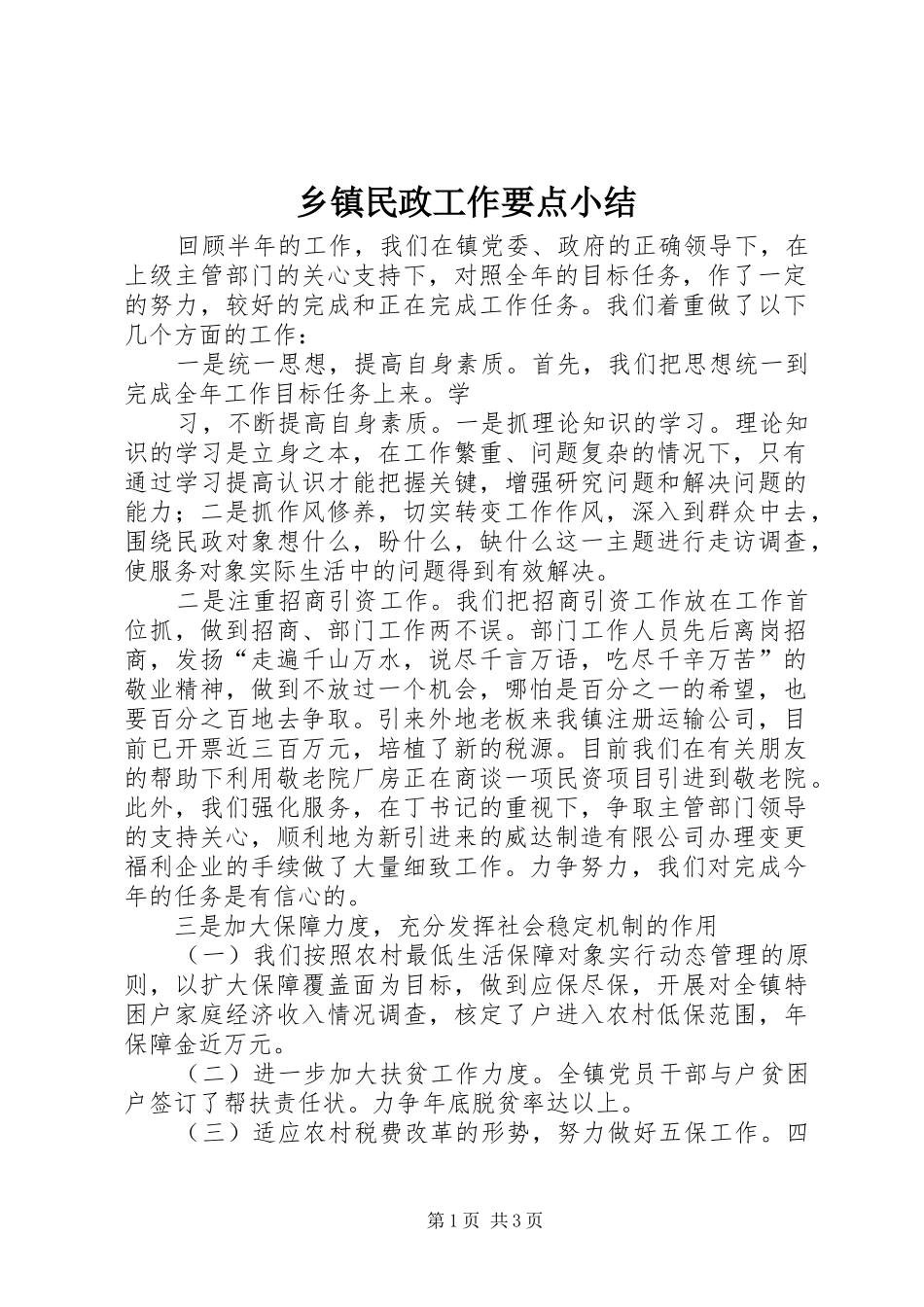 乡镇民政工作要点小结_第1页