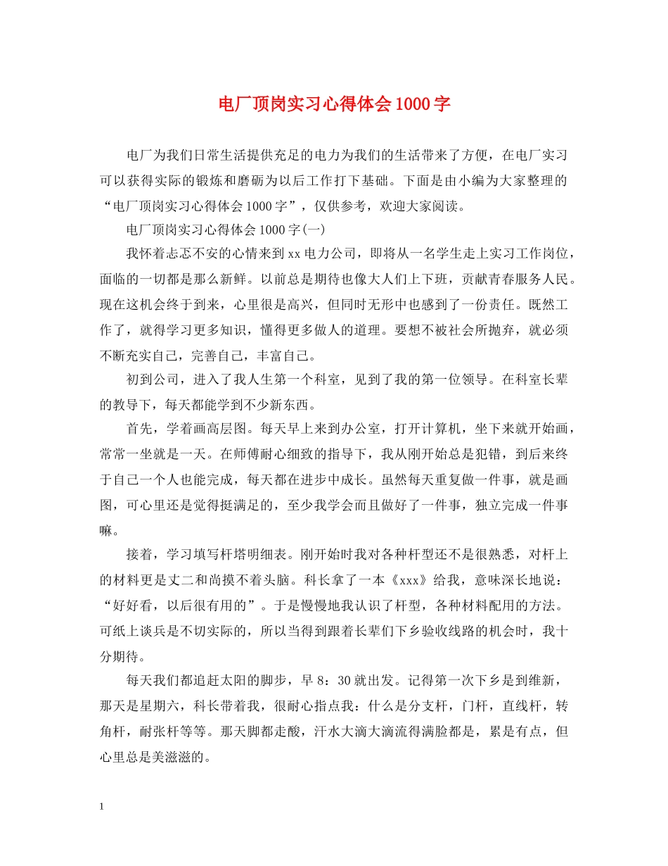 电厂顶岗实习心得体会1000字 _第1页