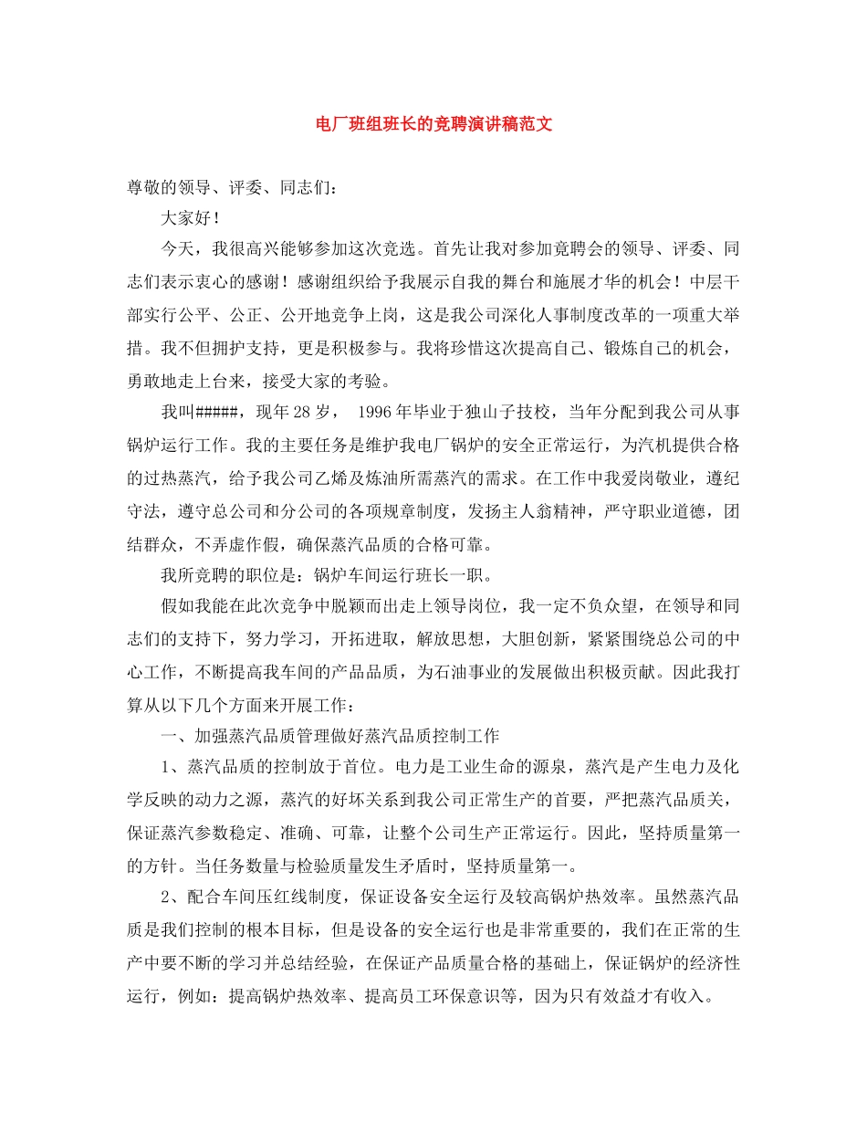 电厂班组班长的竞聘演讲稿范文 _第1页