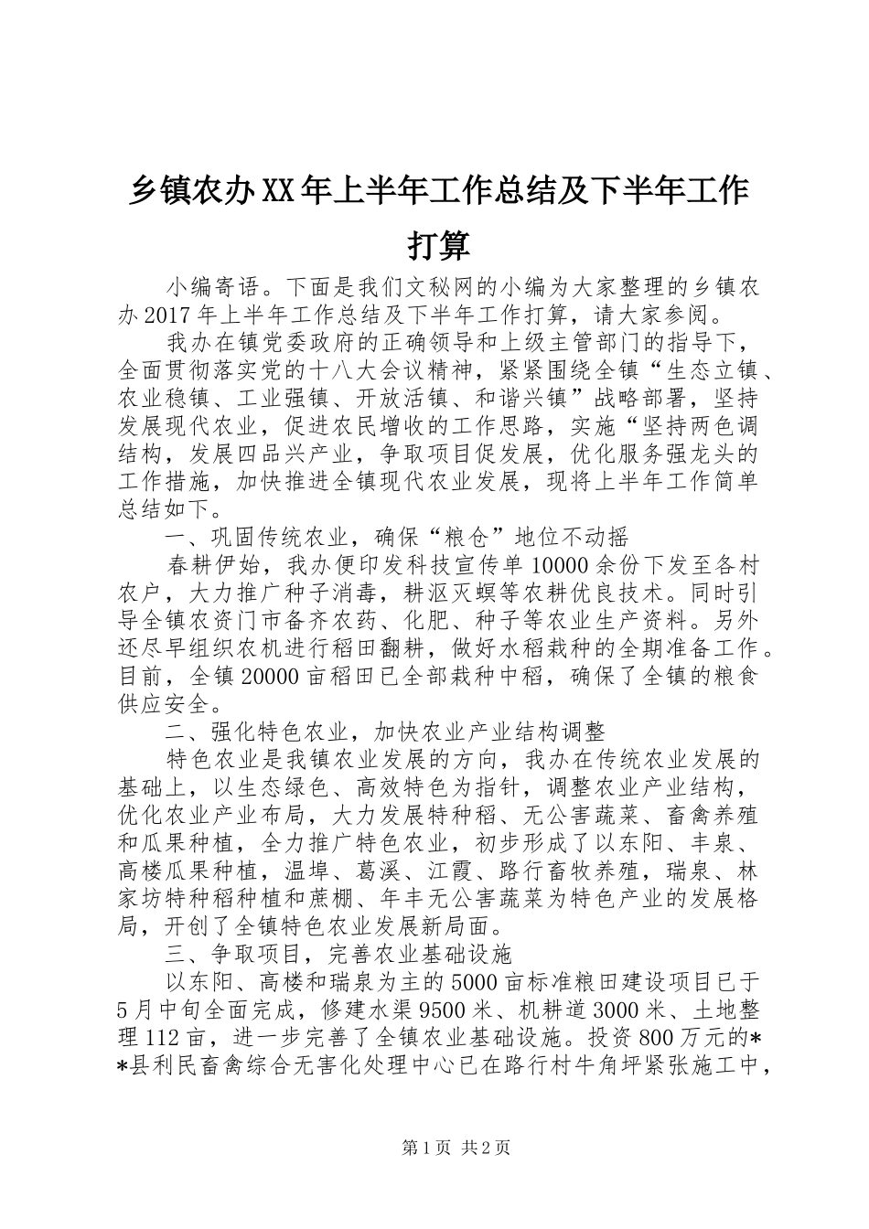 乡镇农办XX年上半年工作总结及下半年工作打算_第1页