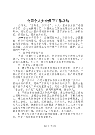 公司个人安全保卫工作总结