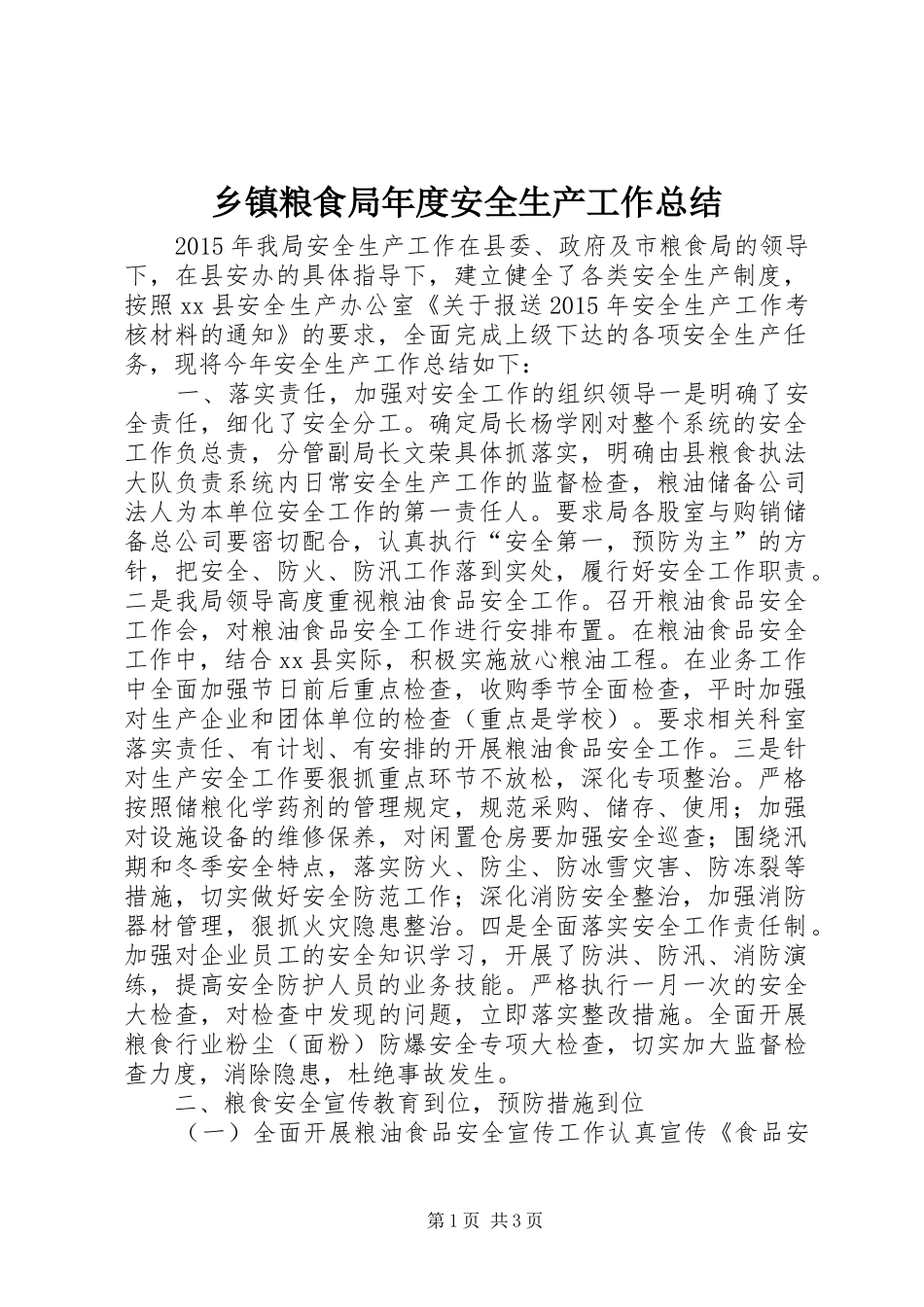 乡镇粮食局年度安全生产工作总结_第1页
