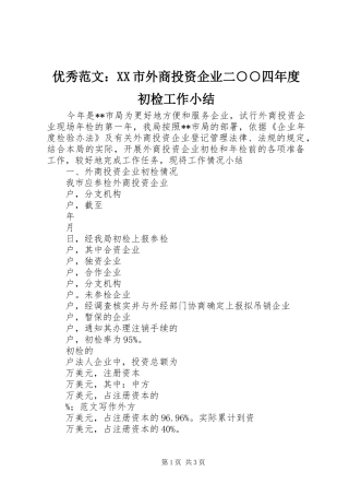 优秀范文：XX市外商投资企业二○○四年度初检工作小结
