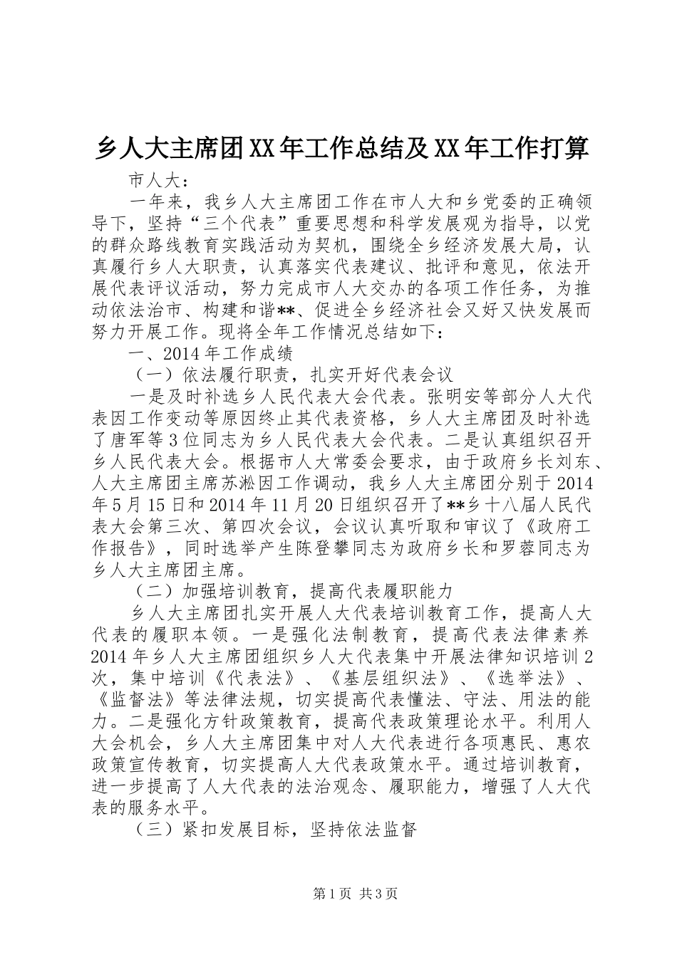 乡人大主席团XX年工作总结及XX年工作打算_第1页