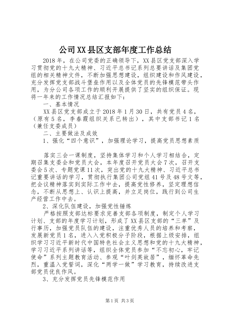 公司XX县区支部年度工作总结_第1页