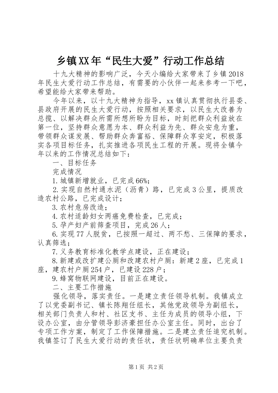 乡镇XX年“民生大爱”行动工作总结_第1页