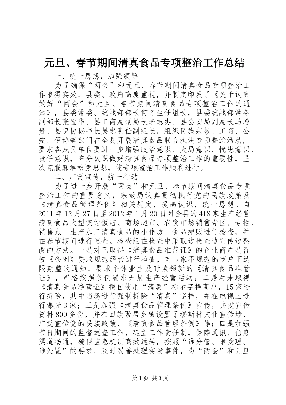 元旦、春节期间清真食品专项整治工作总结_第1页