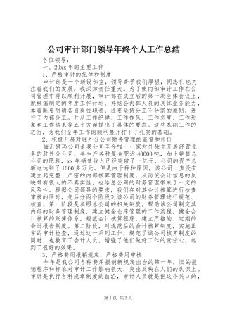 公司审计部门领导年终个人工作总结