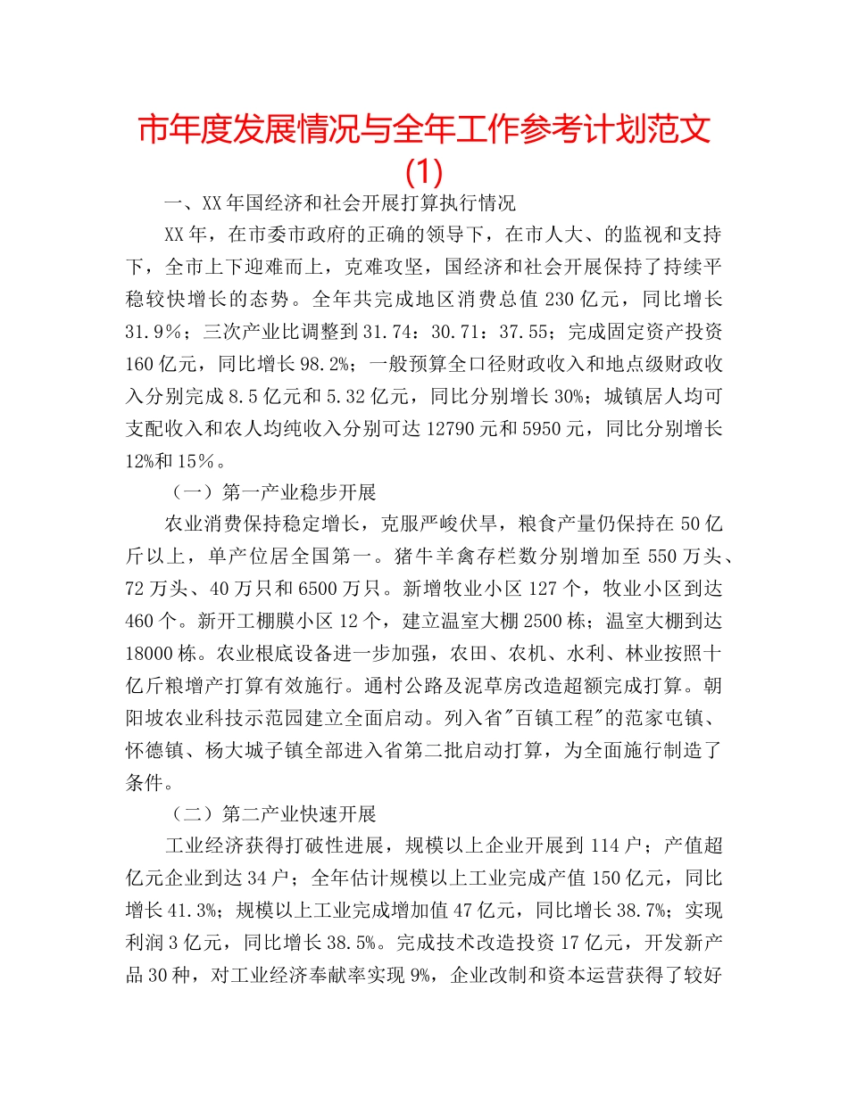 市年度发展情况与全年工作参考计划范文(1) _第1页