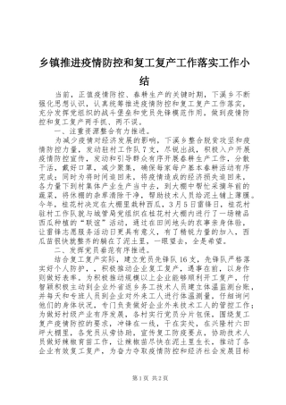 乡镇推进疫情防控和复工复产工作落实工作小结