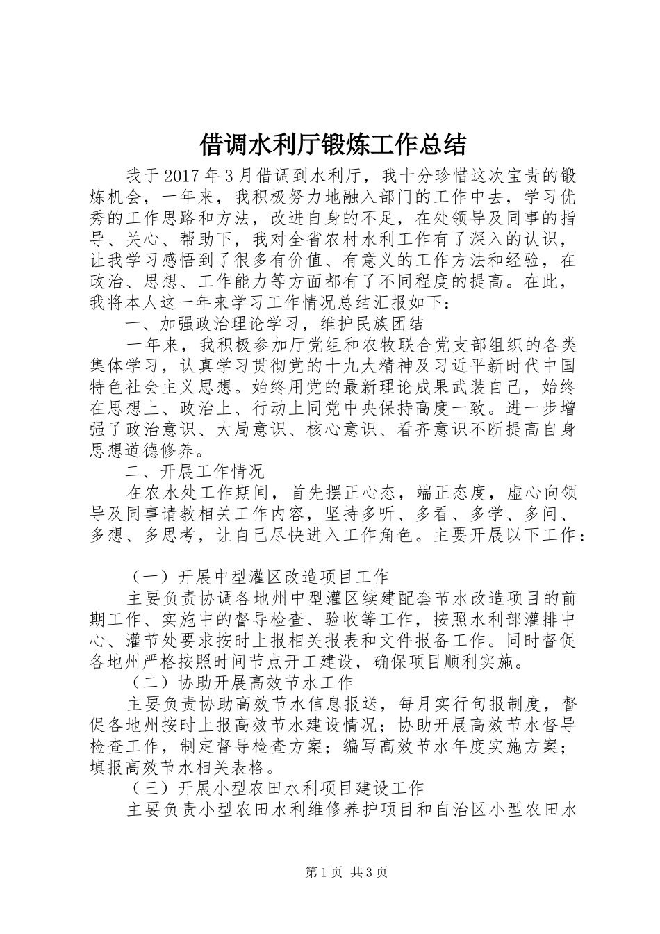 借调水利厅锻炼工作总结_第1页