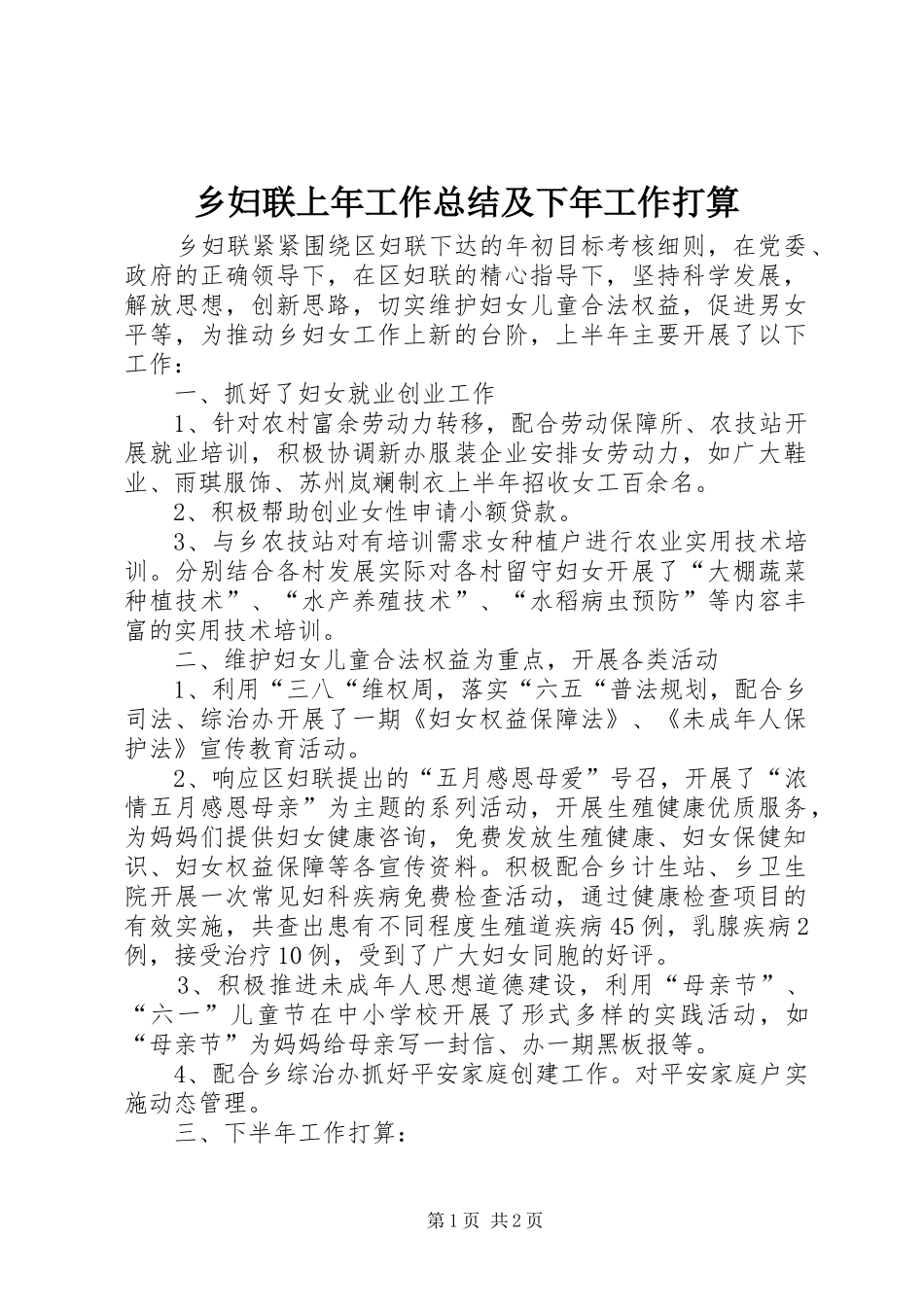 乡妇联上年工作总结及下年工作打算_第1页