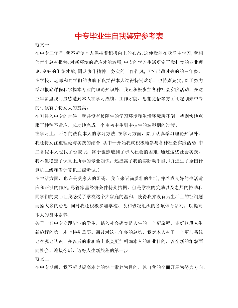 中专毕业生自我鉴定参考表 _第1页
