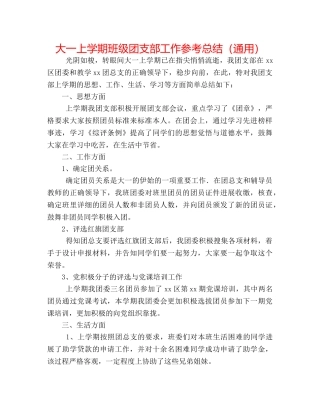 大一上学期班级团支部工作参考总结（通用） 