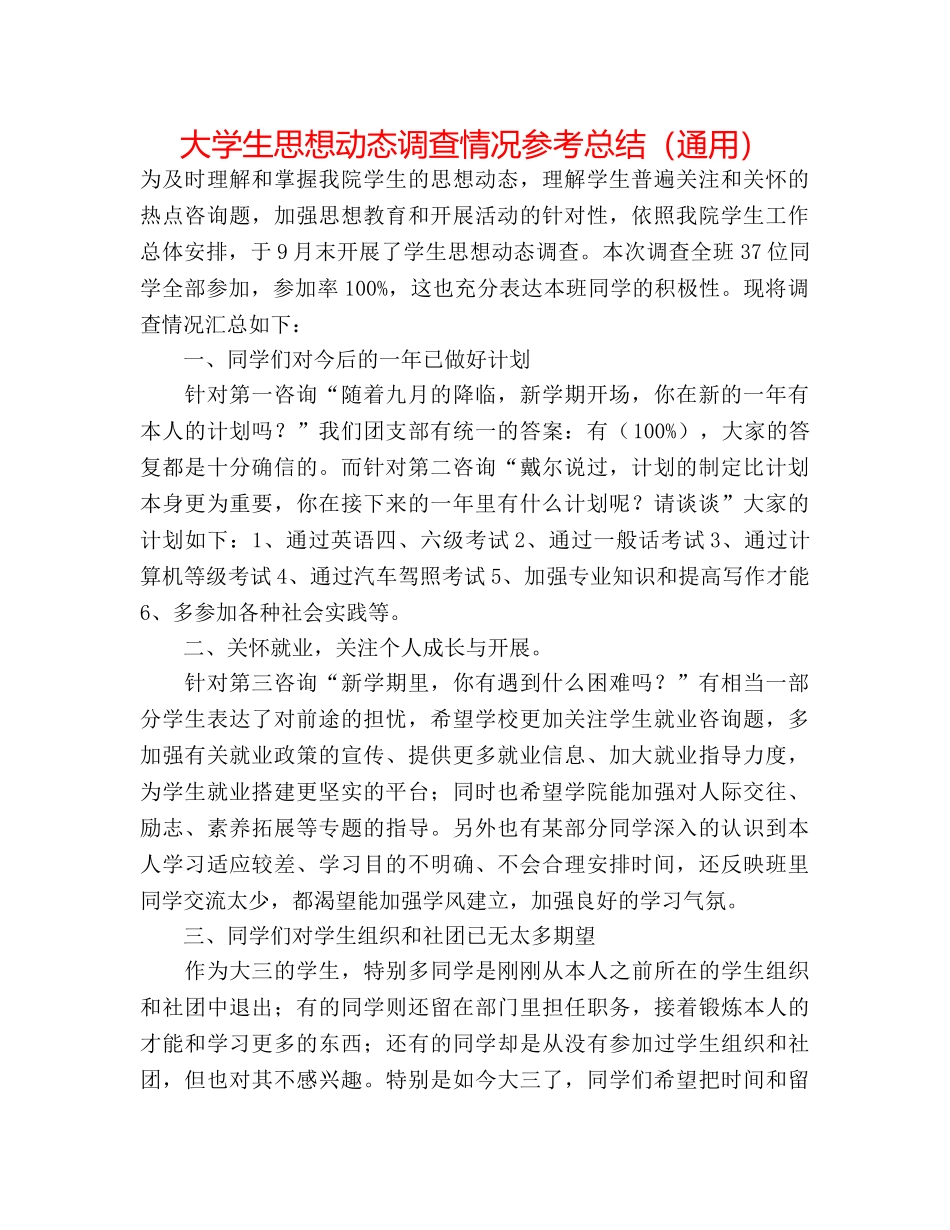 大学生思想动态调查情况参考总结（通用） _第1页