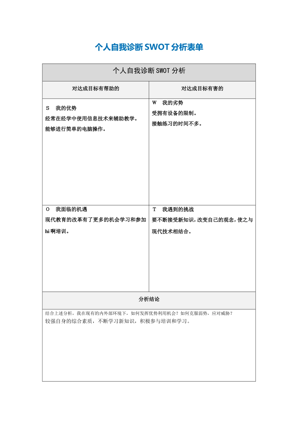 李灵个人自我诊断SWOT分析表_第1页
