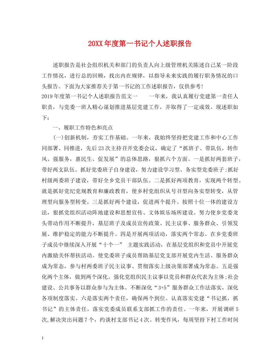 20XX年度第一书记个人述职报告 _第1页