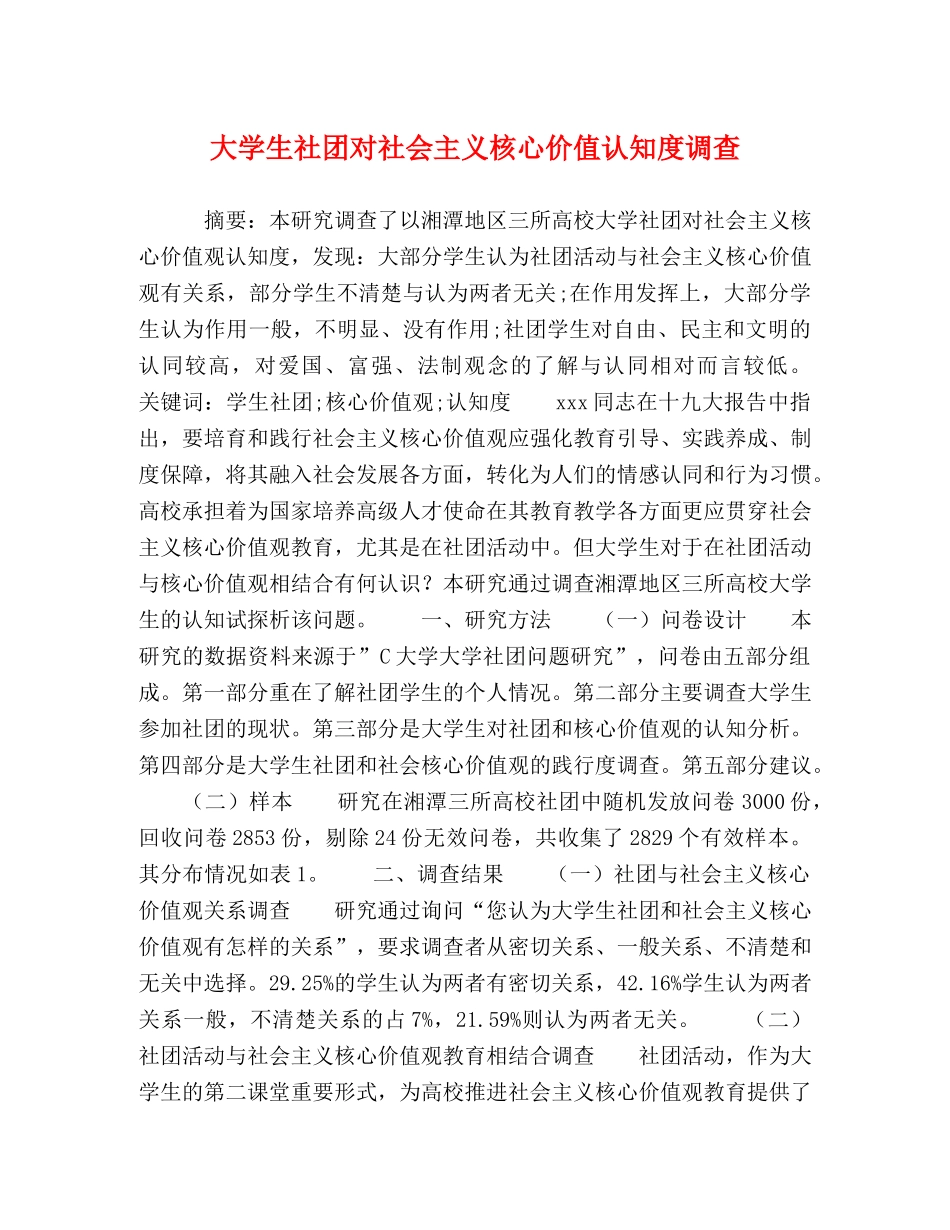 大学生社团对社会主义核心价值认知度调查 _第1页