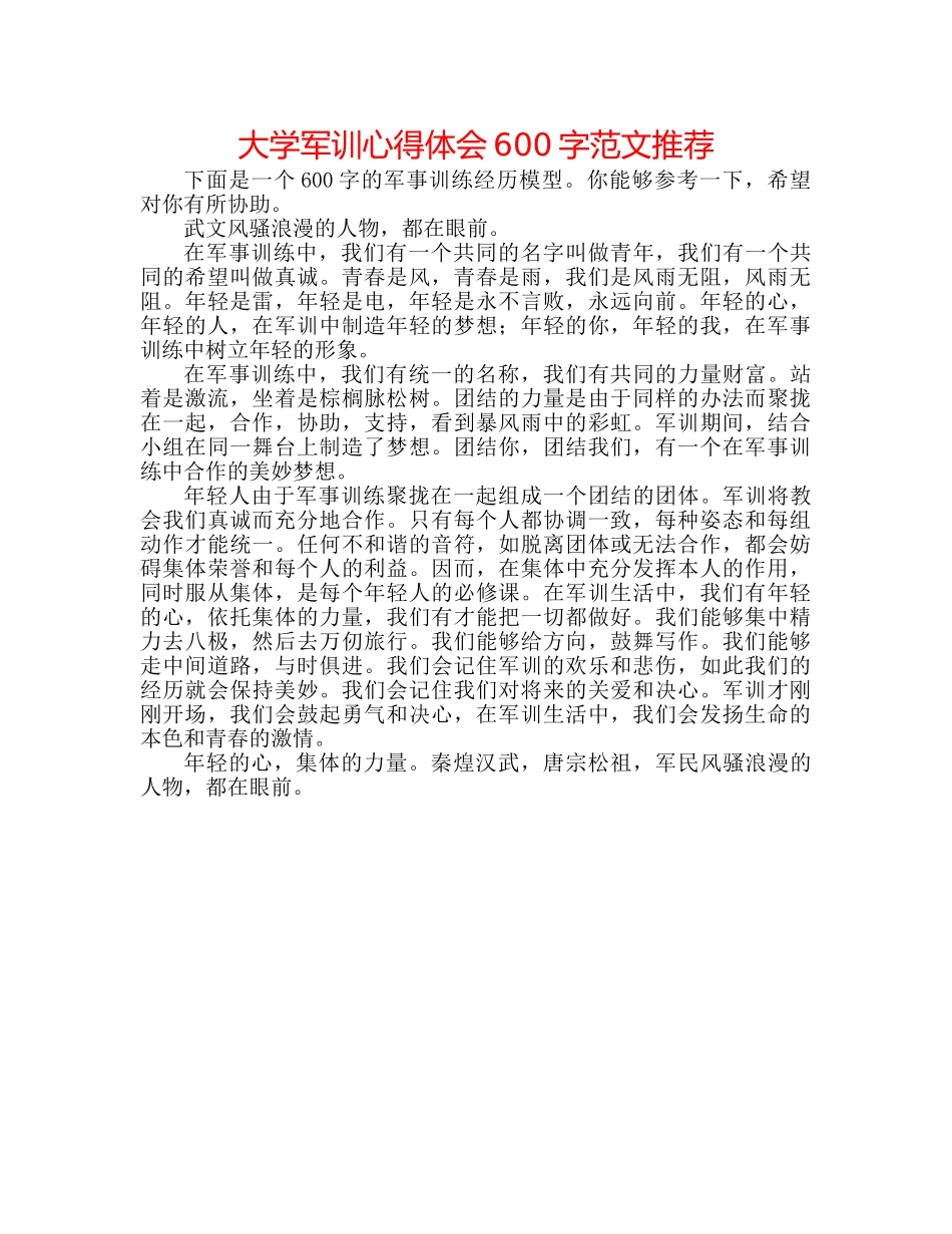 大学军训心得体会600字范文推荐 _第1页