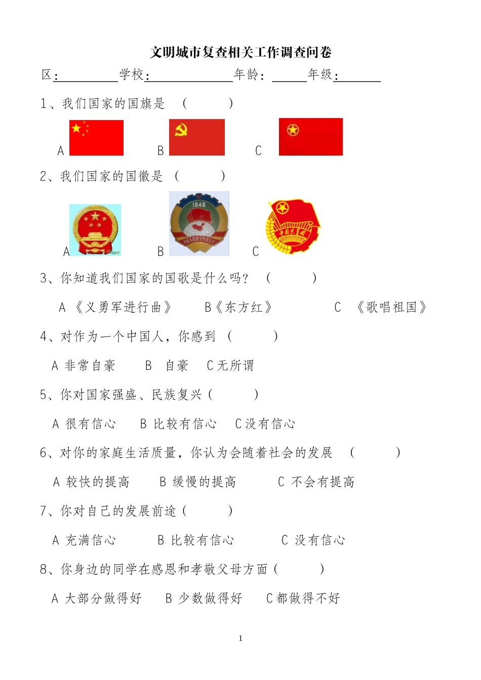 文明城市复查相关工作调查问卷_第1页