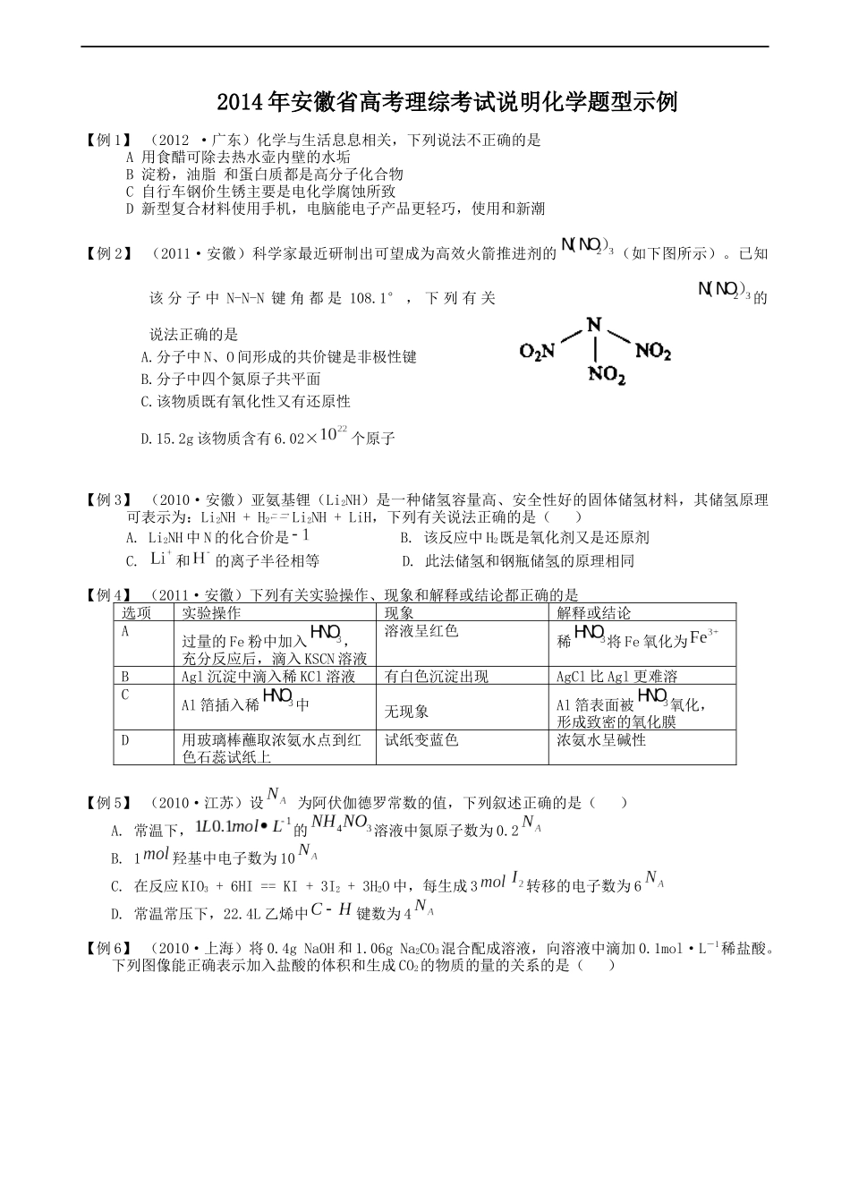 2014年安徽省高考考试说明化学题型示例_第1页