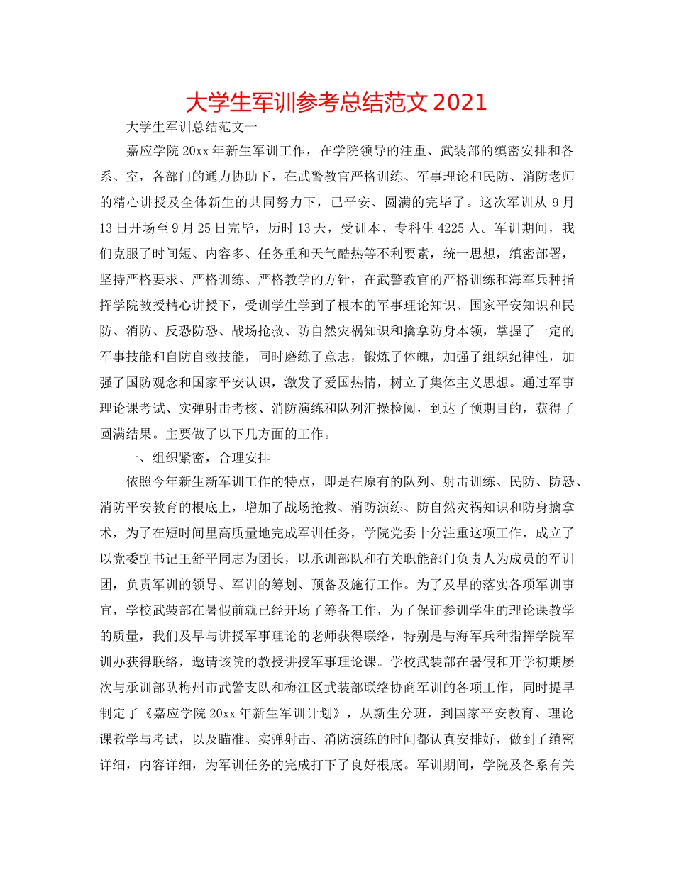 大学生军训参考总结范文2024 _第1页
