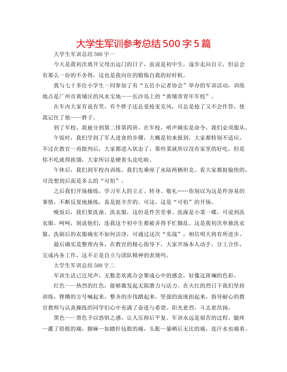 大学生军训参考总结500字5篇 _第1页