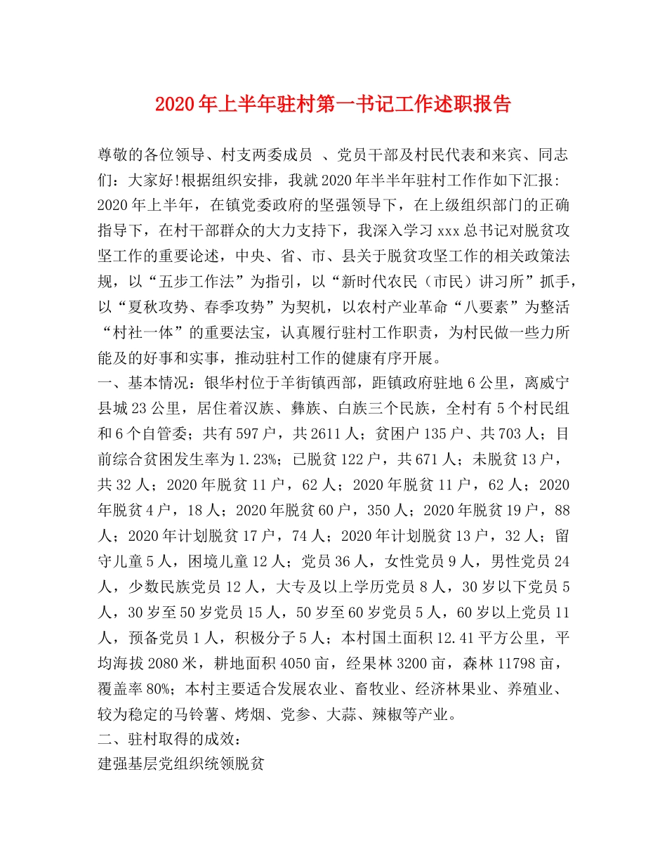 2024年上半年驻村第一书记工作述职报告 _第1页