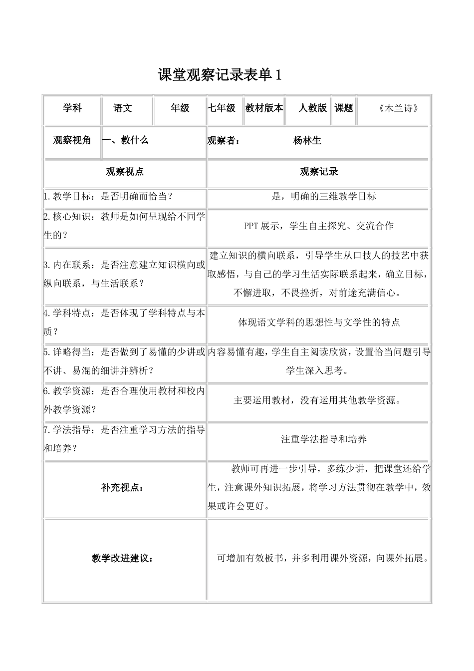 【杨林生】课堂观察记录表单_第1页