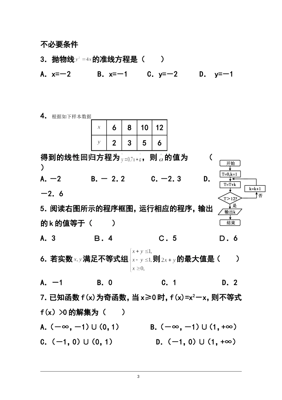 2015年福建省莆田市普通高中毕业班质量检查文科数学试题-及答案_第3页