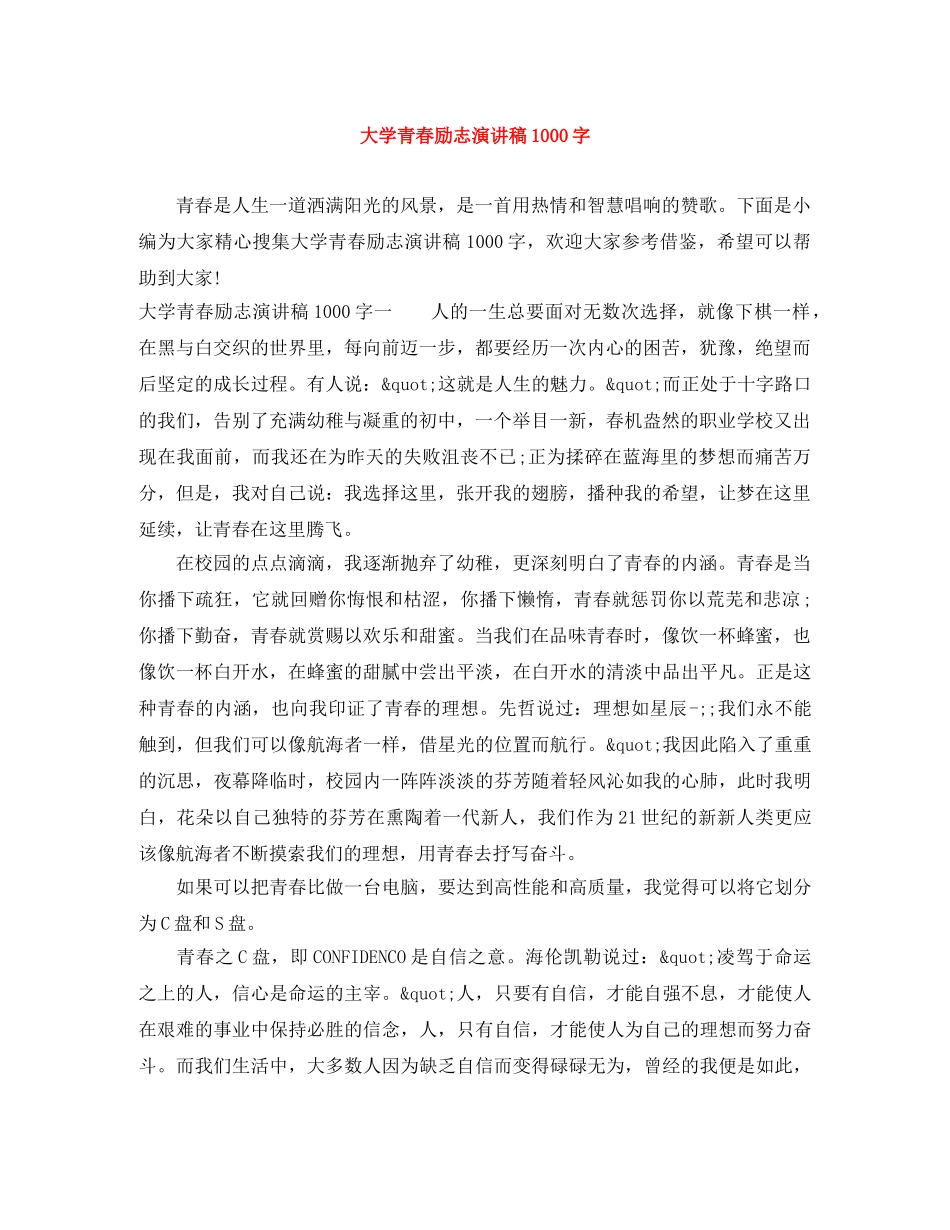 大学青春励志演讲稿1000字 _第1页